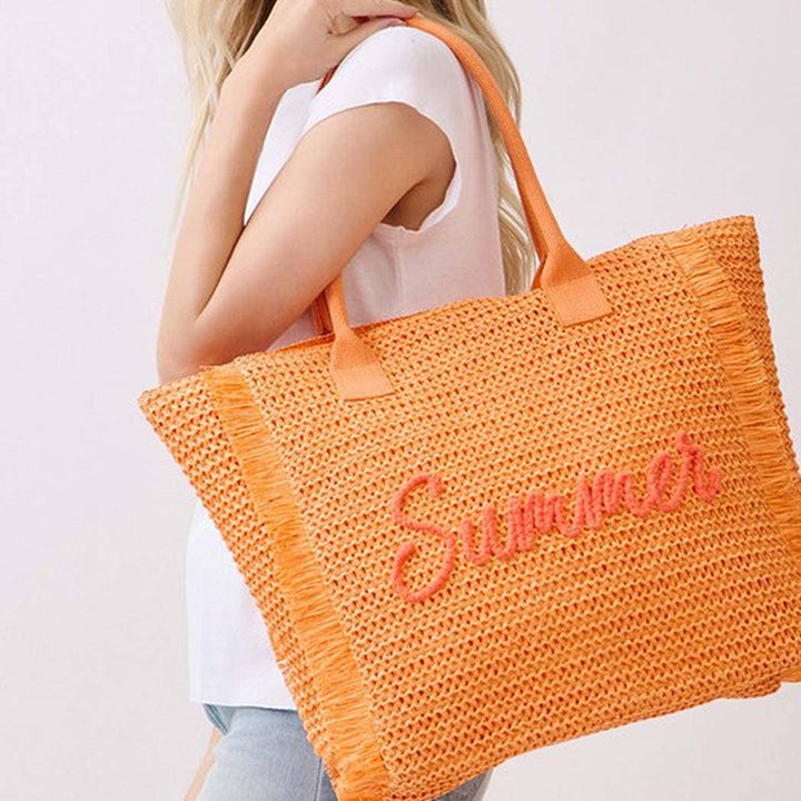 Woven Straw Fringe Tote With Summer Embroidery