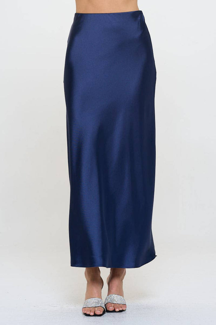Navy Silky Satin Maxi Skirt