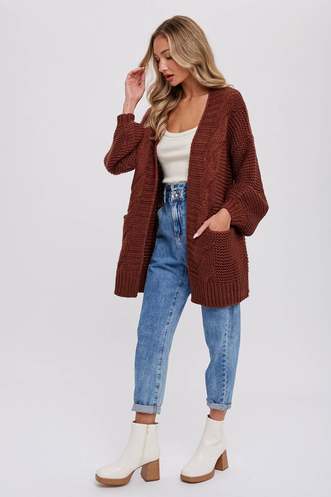Chunky Cable knit Cardigan-Chocolate
