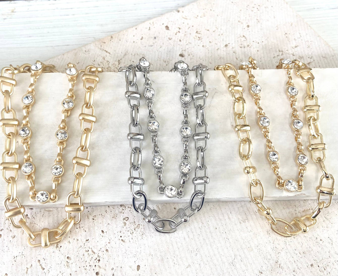 Equestrian linked chain layering crystal necklaces 