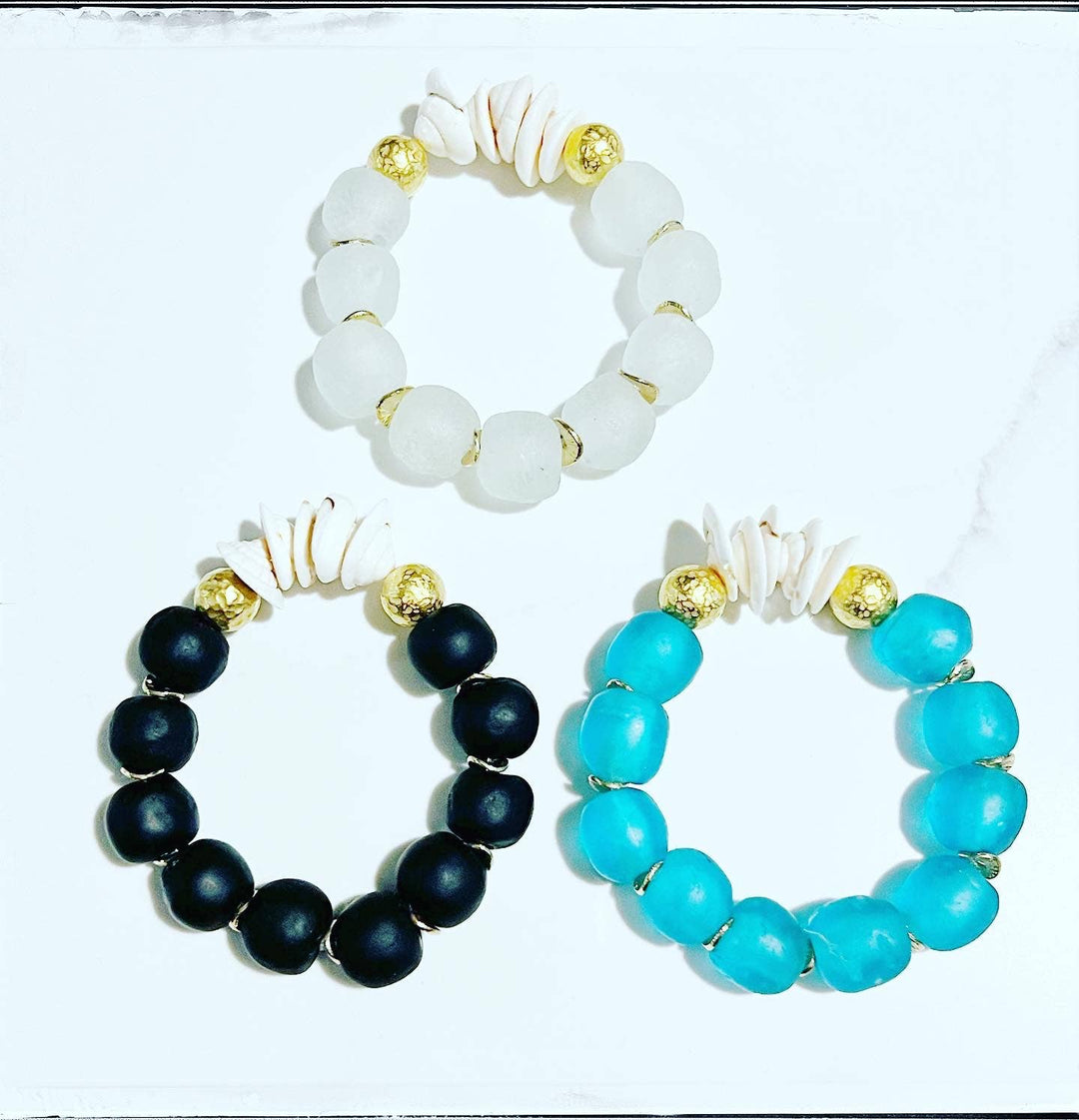Blue Natural Shell &amp; Recycled Glass Bead  Bracelet