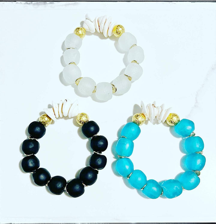 Blue Natural Shell &amp; Recycled Glass Bead  Bracelet