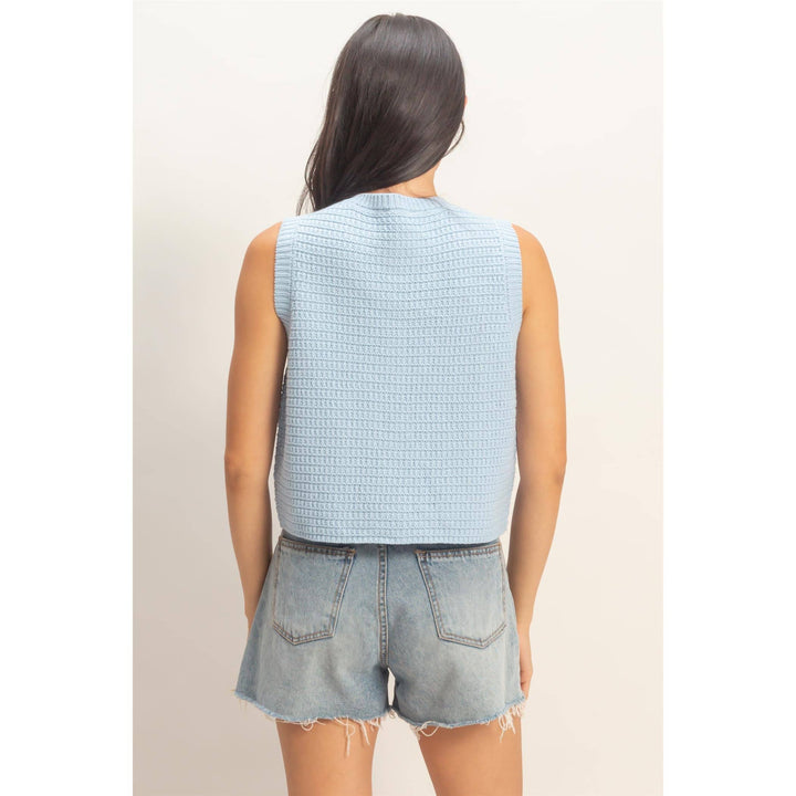 Blue Textured Button-Front Vest with Pocket