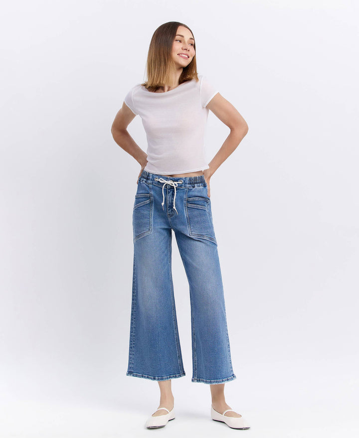 High Rise Flare Denim with Drawstring Waist