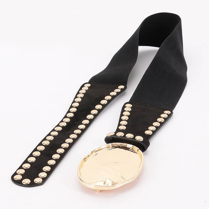 Hammered Metal Buckle Studded Faux Suede Elastic Belt