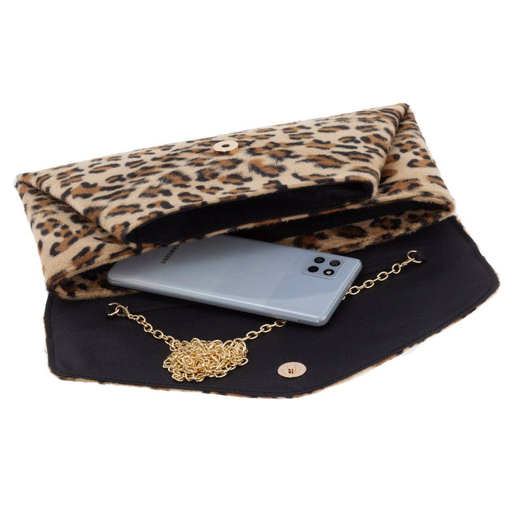 Leopard Print Faux Fur Double Pocket Clutch
