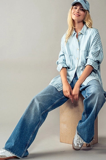 Blue &amp; White Striped Double Pocket Button Down Shirt