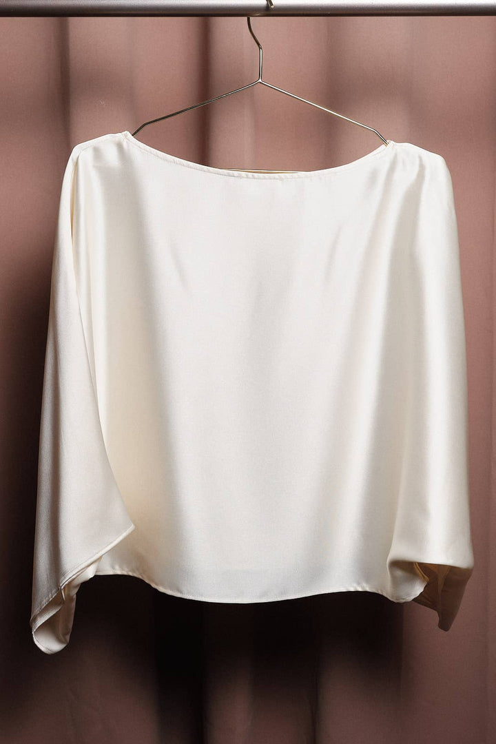Ivory Satin Boat Neck 3/4 Sleeve Dolman Poncho Top