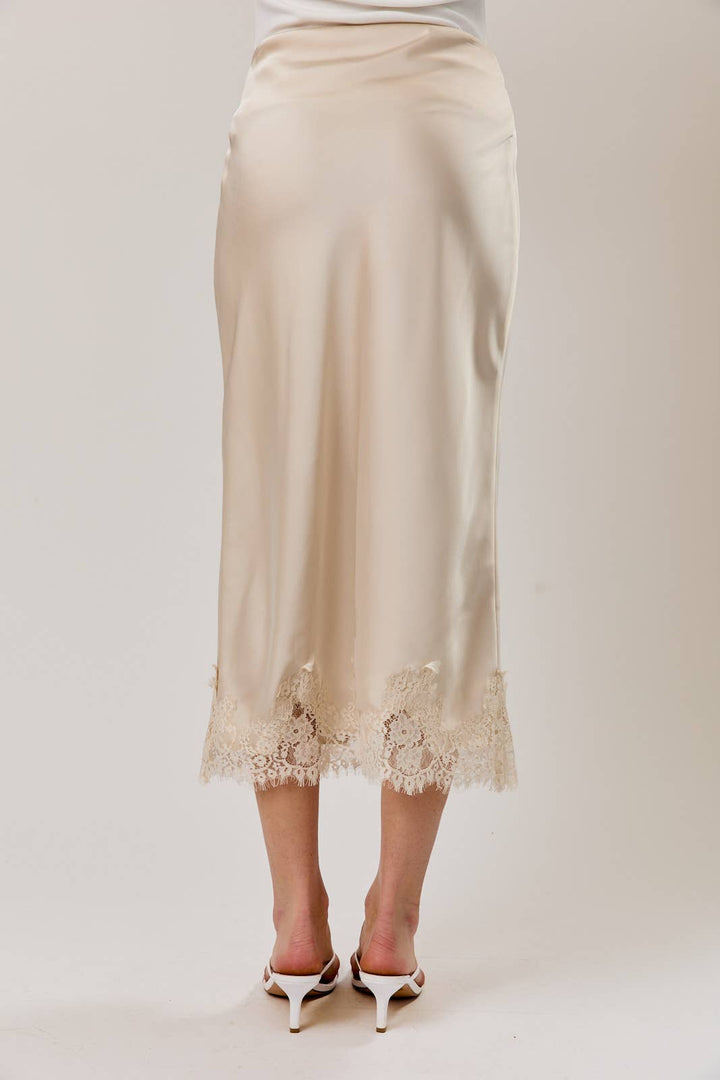 Sky Blue L ace Applique Satin Midi Skirt