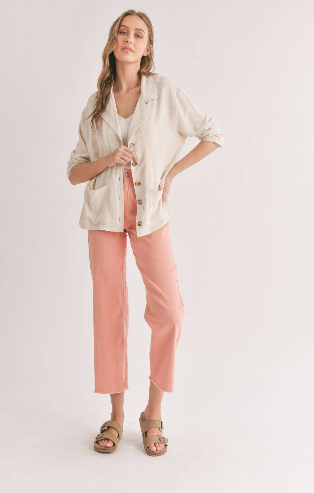 Linen Blend Jacket With Pockets: OATMEAL