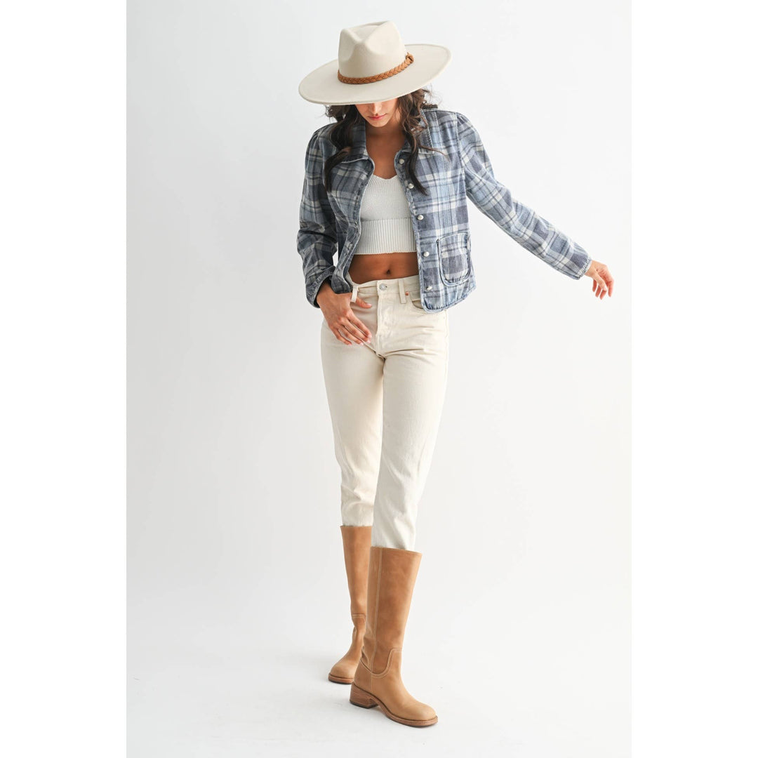 Blue Denim Plaid Button-Front Jacket