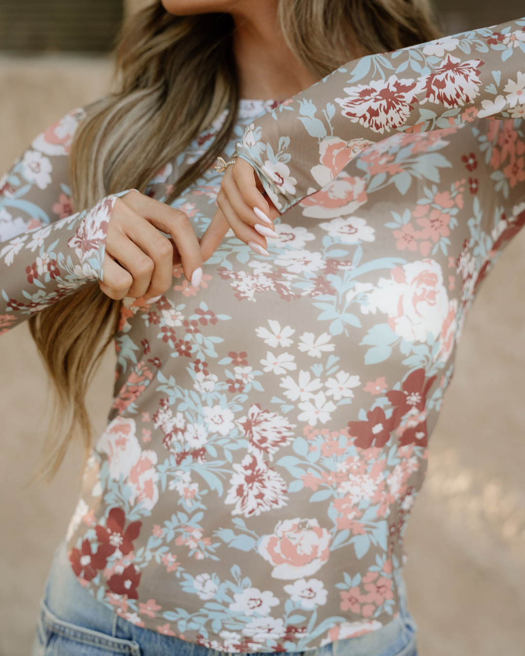 Green Floral Print Mesh Long Sleeve Top