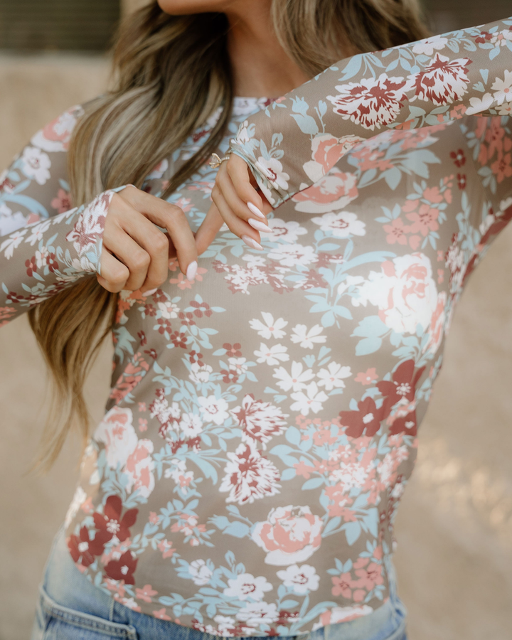 Green Floral Print Mesh Long Sleeve Top