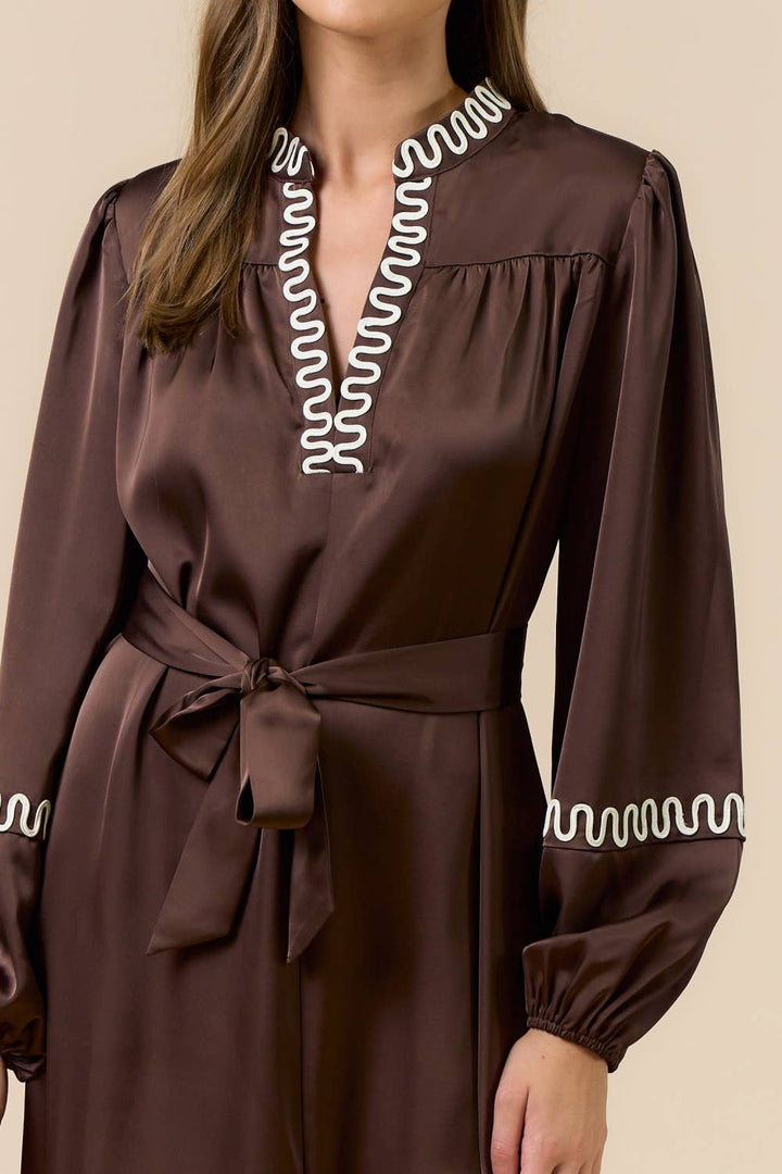 Brown Long Sleeve Embroidered Dress