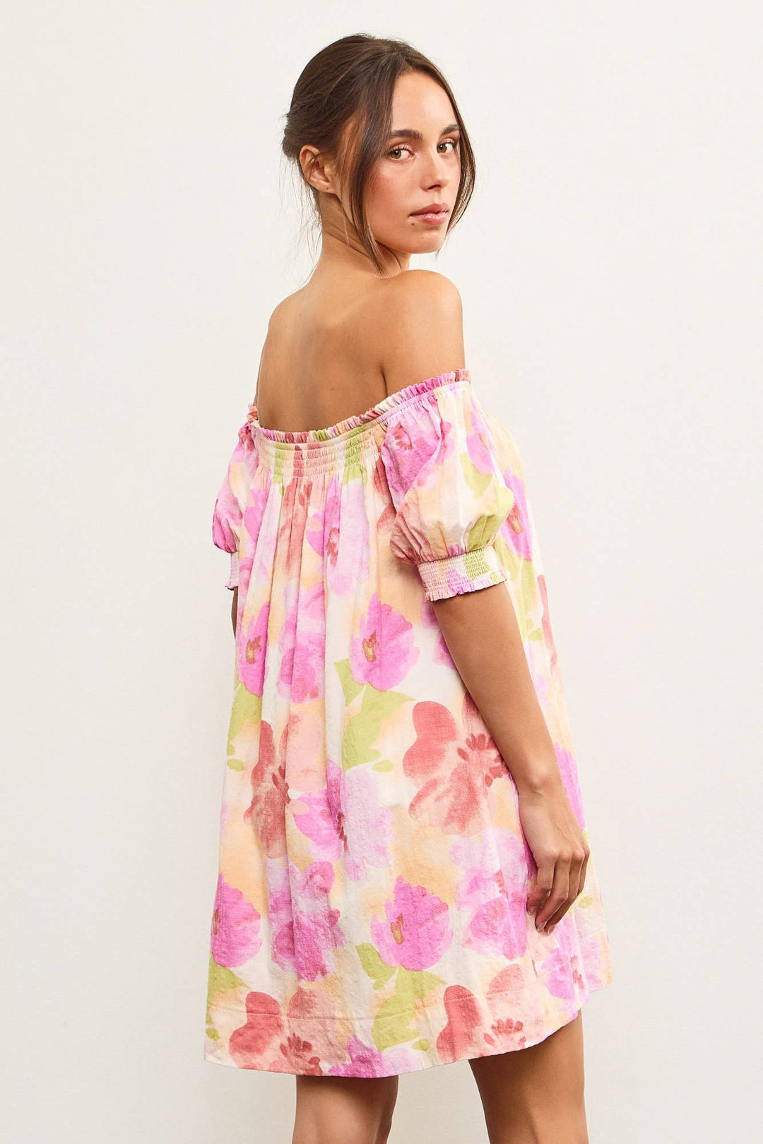 Pink Yellow Floral Off-Shoulder Floral Dress