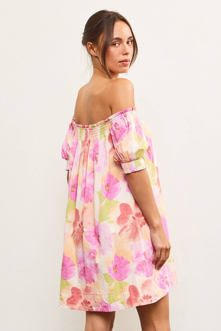 Pink Yellow Floral Off-Shoulder Floral Dress