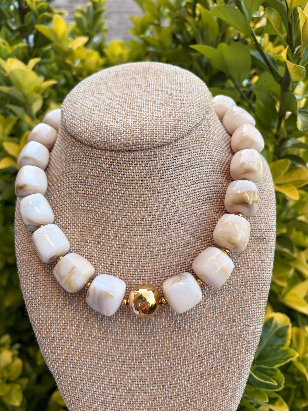 Beige Cube Bead Necklace with Gold Ball