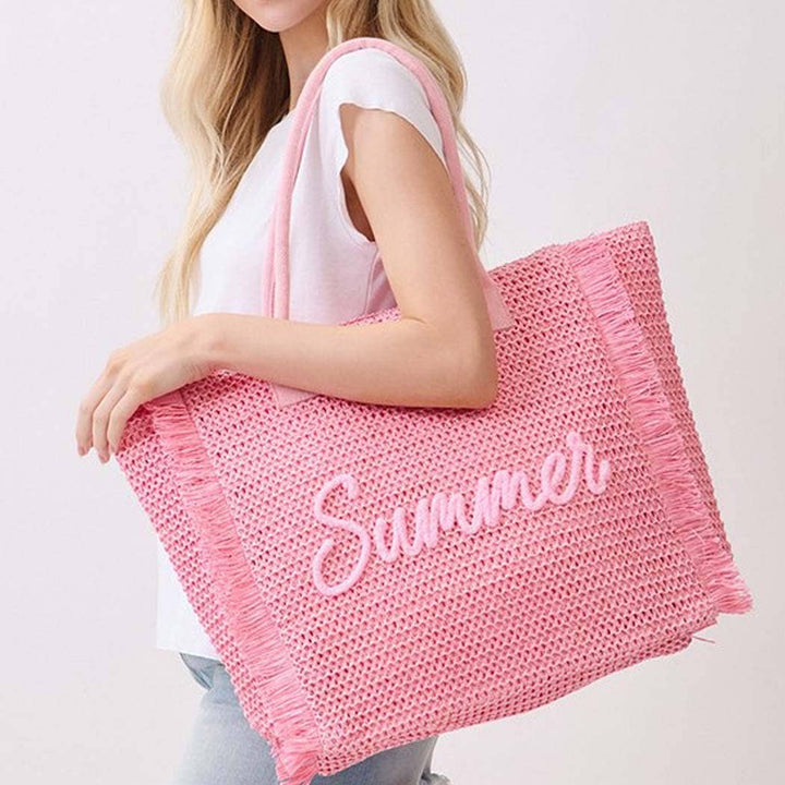 Woven Straw Fringe Tote With Summer Embroidery