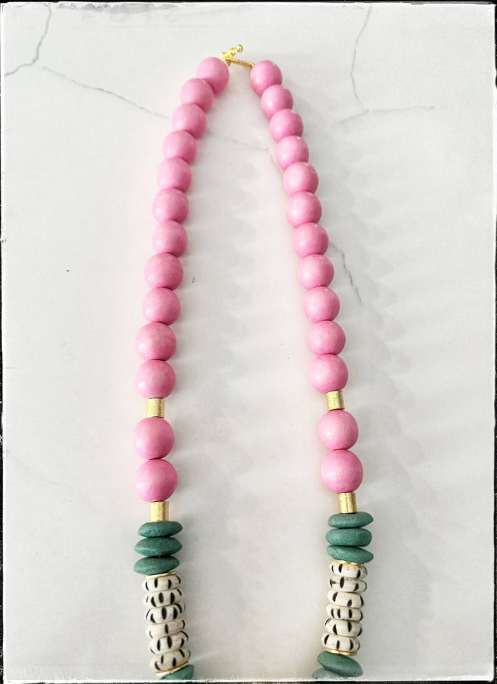 Pink Wood African Bone Bead Cylinder Pendant Necklace