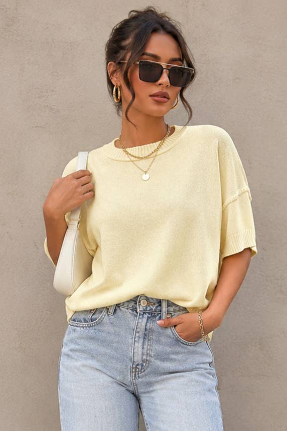 Cream Relaxed Knit Short Sleeve Sweater
