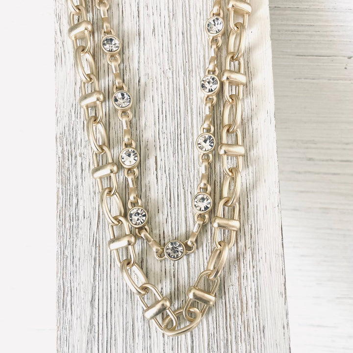 Equestrian linked chain layering crystal necklaces 