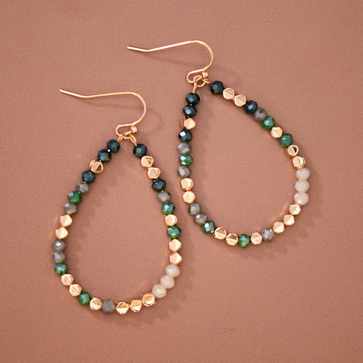 Green &amp; Gray Crystal Beaded Teardrop Earrings
