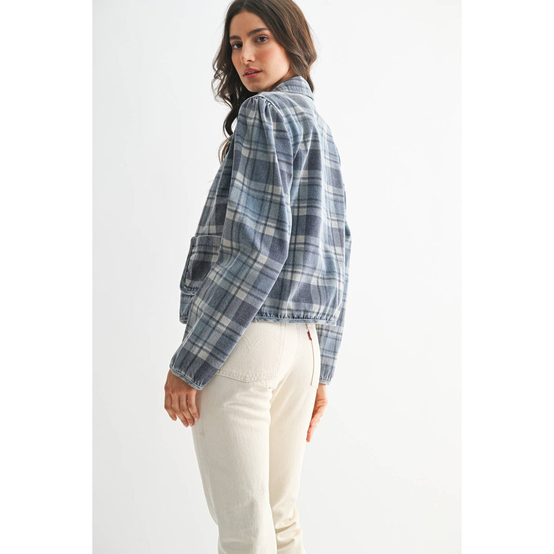 Blue Denim Plaid Button-Front Jacket