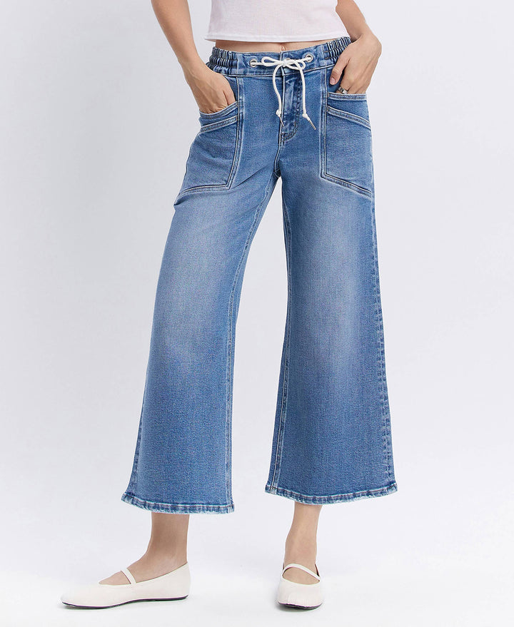 High Rise Flare Denim with Drawstring Waist