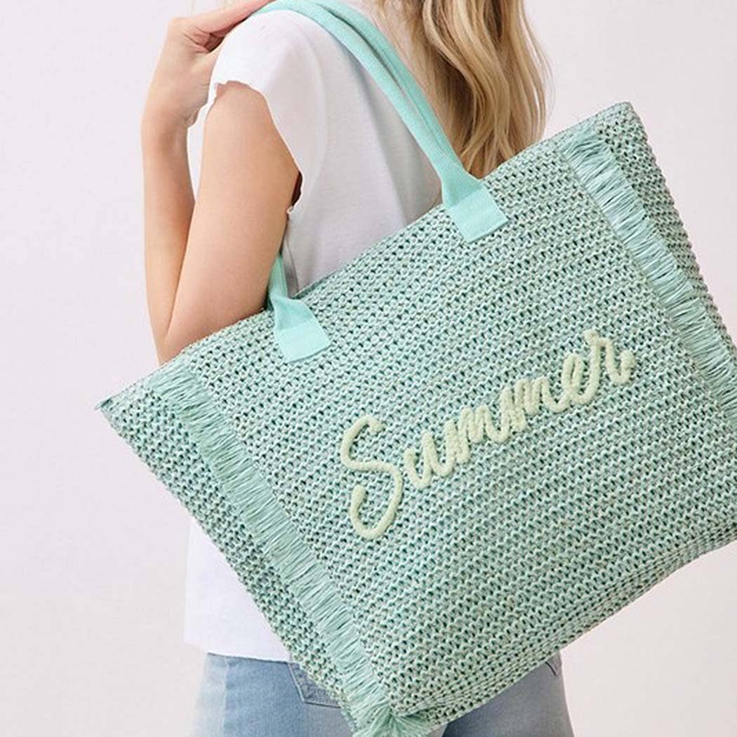 Woven Straw Fringe Tote With Summer Embroidery