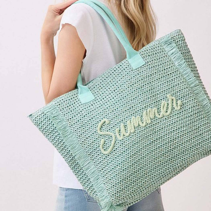 Woven Straw Fringe Tote With Summer Embroidery