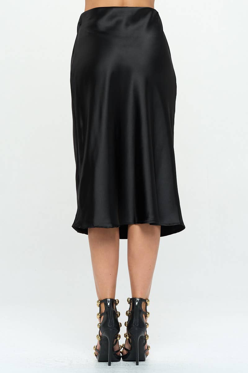 Black Satin Midi Skirt with Slit