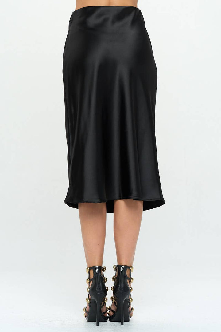 Black Satin Midi Skirt with Slit