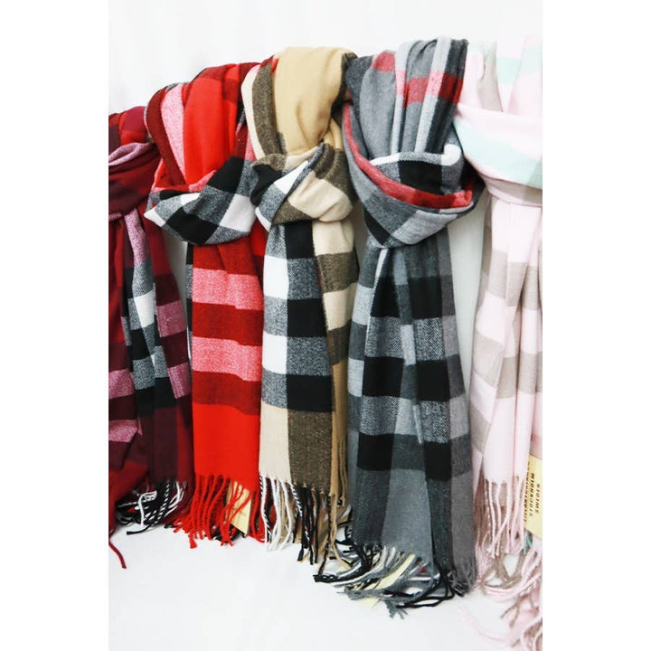 Camel Wool Plaid Cashmere Scarf With Tassel
