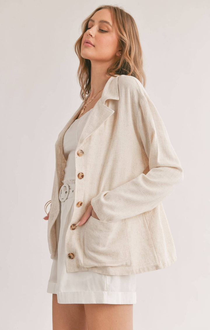 Linen Blend Jacket With Pockets: OATMEAL