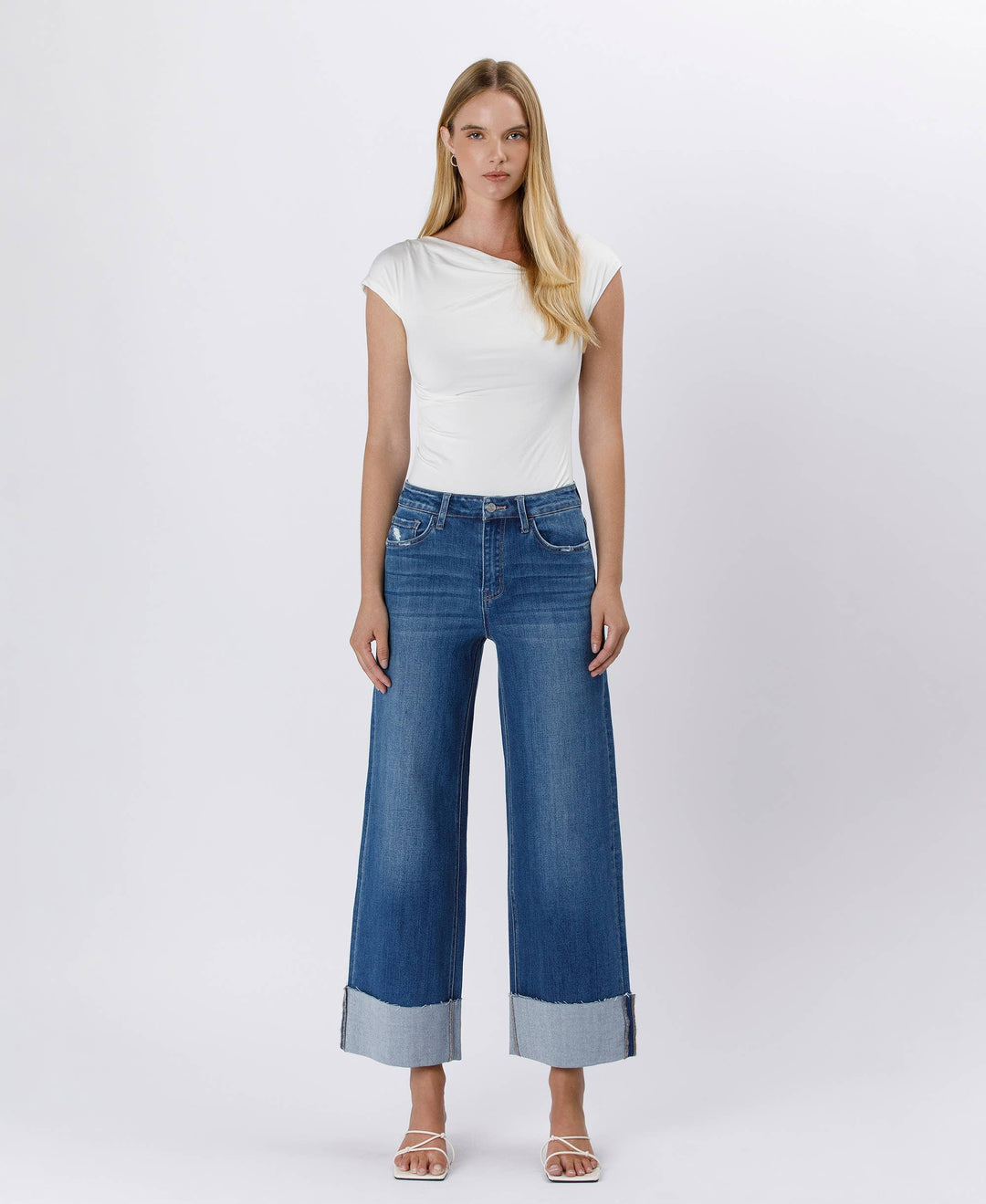 High Rise Cuffed Ankle Wide Leg Jeans