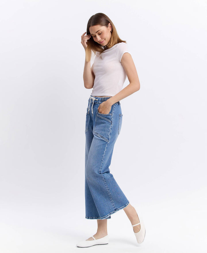High Rise Flare Denim with Drawstring Waist