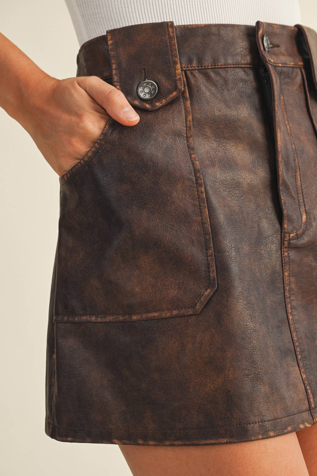 Brown Vintage Wash Patch Pocket Mini Skirt