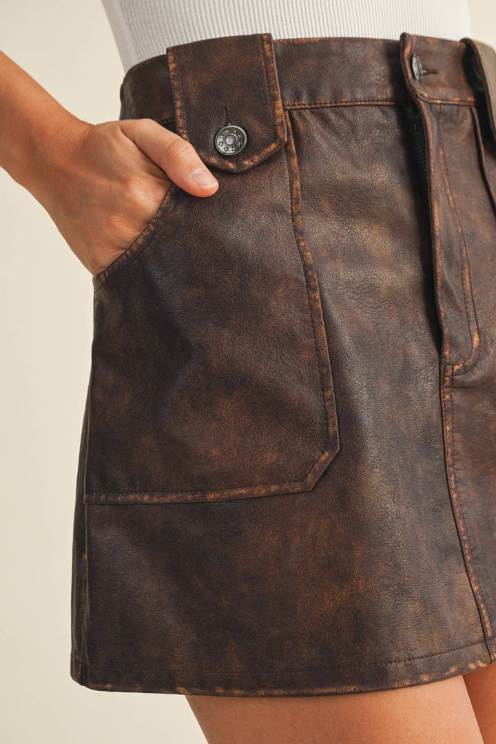 Brown Vintage Wash Patch Pocket Mini Skirt