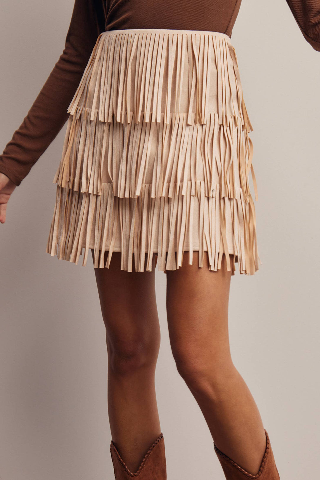 Tiered Fringe Stretch Suede Mini Skirt
