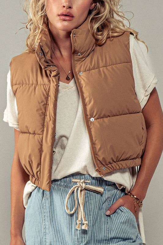 Camel Puffer Vest with Adjustable Hem