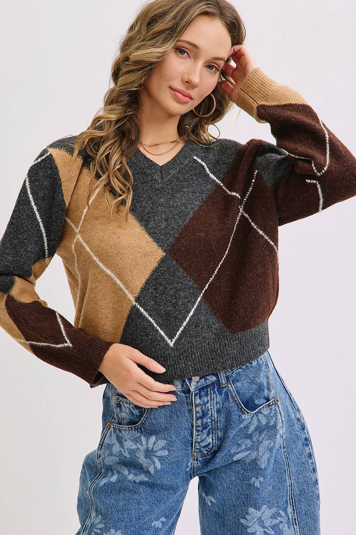 Charcoal Wine Camel  V-Neck Argyle Sweater