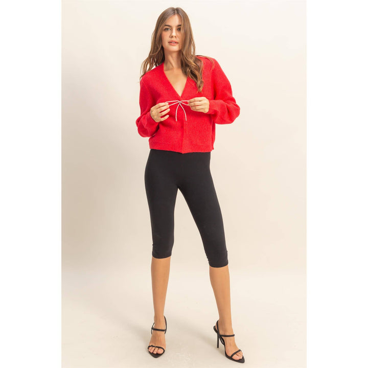 Red V Neck Sweater with Sparkly Bow