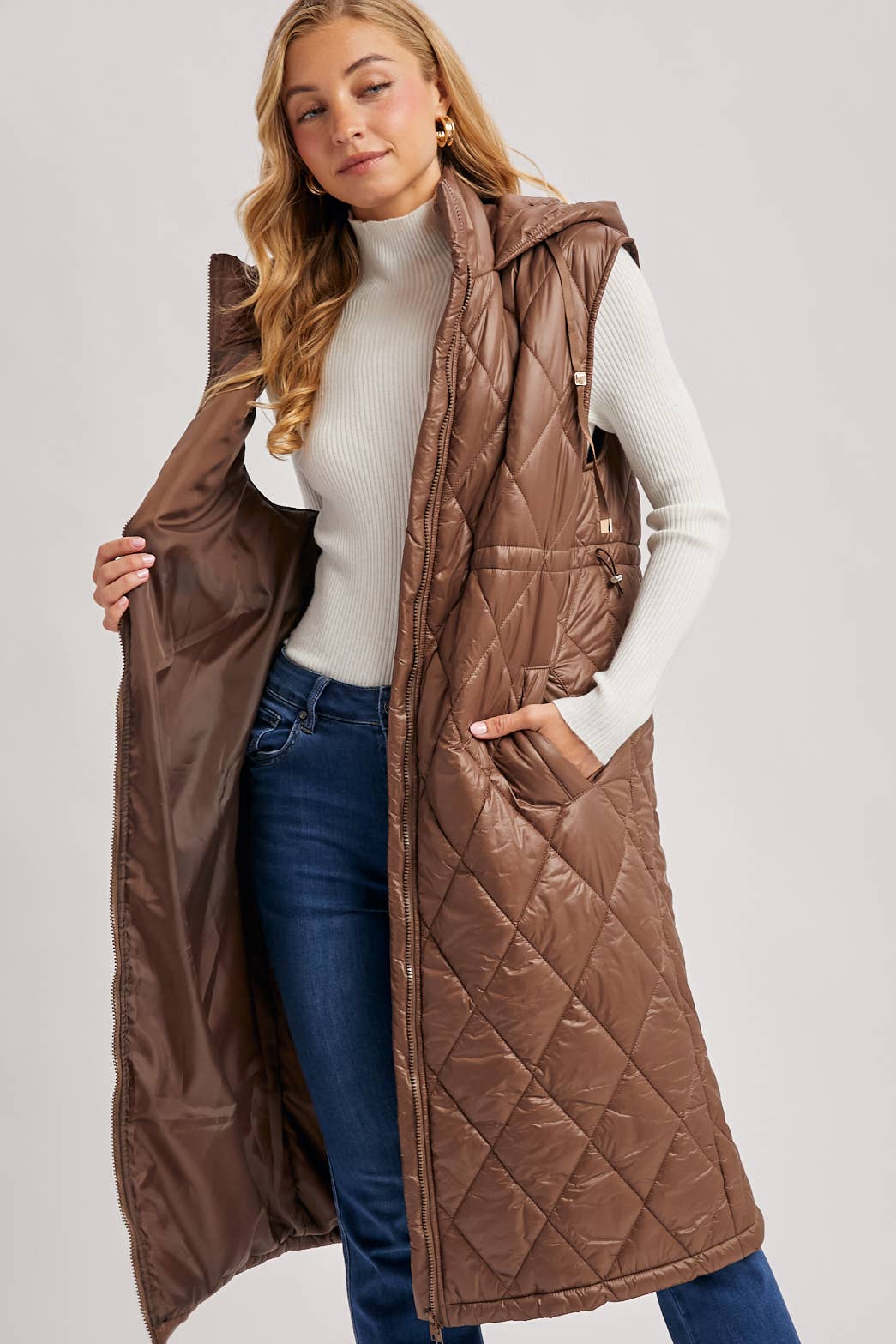 Quilt Puffer Long Hooded Vest