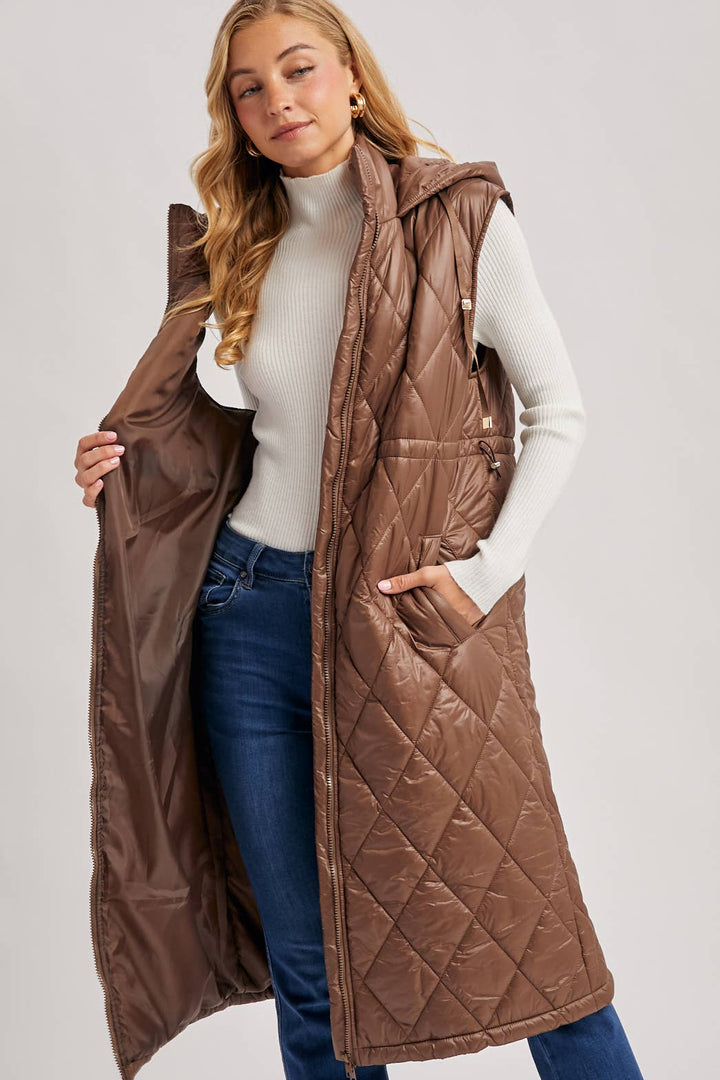 Quilt Puffer Long Hooded Vest