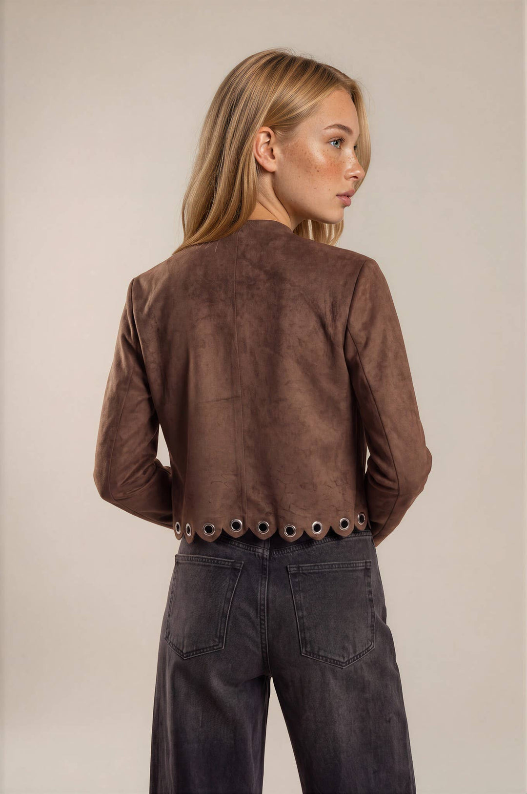 Chocolate Eyelet Detailed Suede Jacket