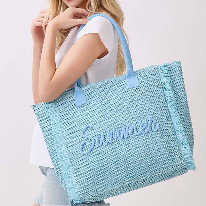 Woven Straw Fringe Tote With Summer Embroidery