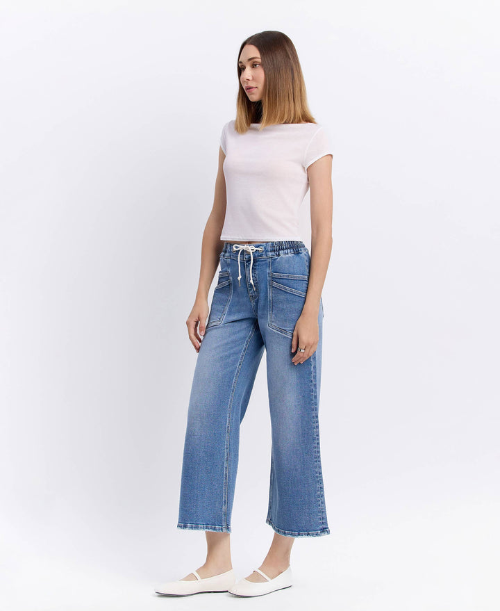 High Rise Flare Denim with Drawstring Waist