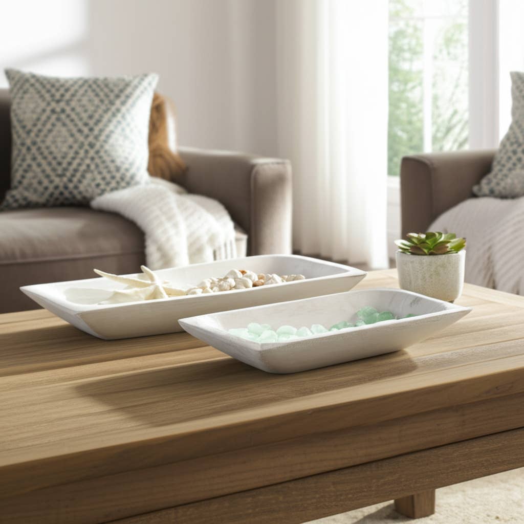 White Wooden Rectangular Coastal Trays (Set of 2)