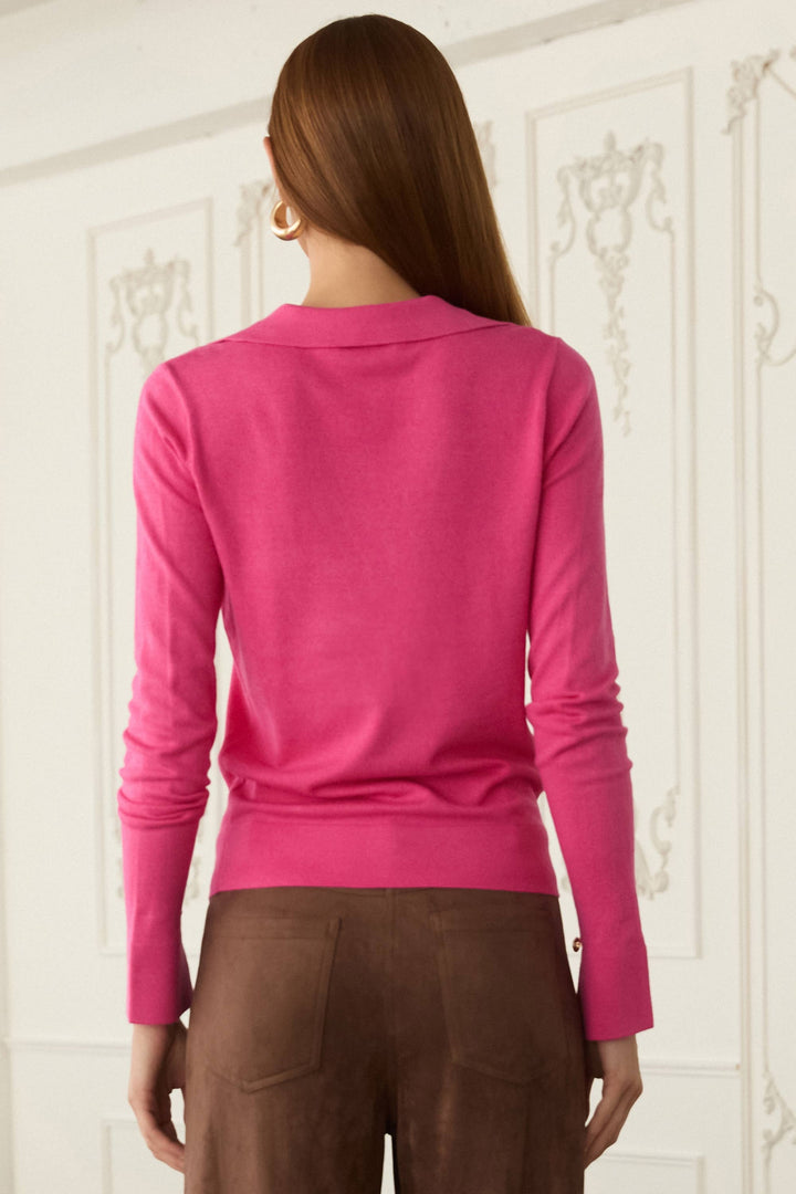 Long Sleeve Polo Knit Top -Fuchsia