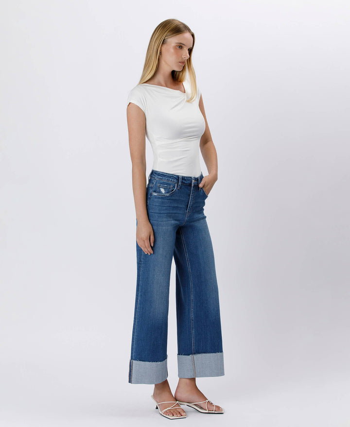 High Rise Cuffed Ankle Wide Leg Jeans